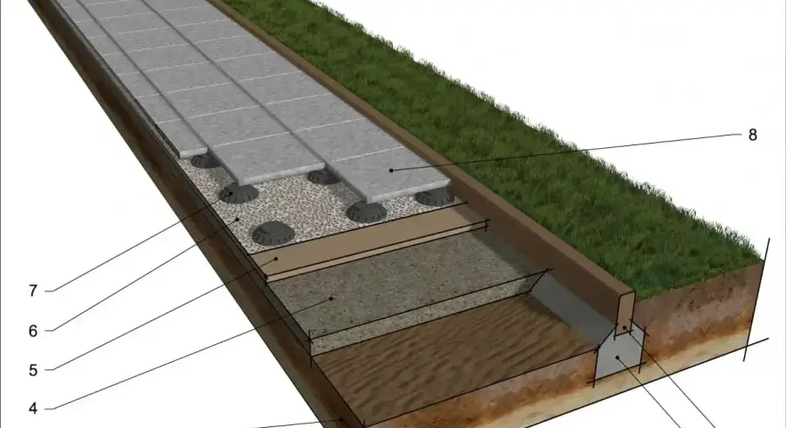 Przekrój tarasu betonowego z warstwami podbudowy, płytkami i trawą.
