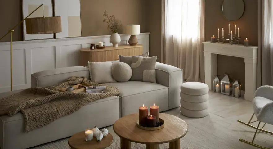 Przytulny salon w odcieniach sepia kolor. Miękki narożnik, drewniane stoliki, kominek z świecami i ciepły pled tworzą atmosferę relaksu.