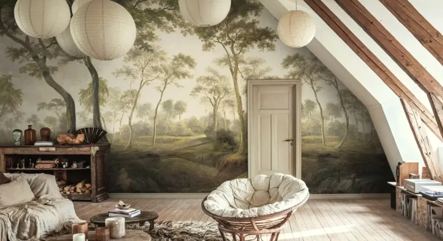 Sypialnia w stylu boho z tapetą imitującą las w odcieniach **kolorów ziemi**. Wygodna sofa, wiklinowy fotel i drewniane meble tworzą przytulną atmosferę.
