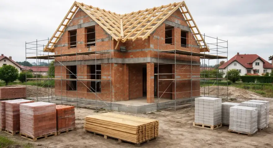 Budowa domu 100m2 w toku. Cegły, drewno i rusztowania czekają na dalsze prace.