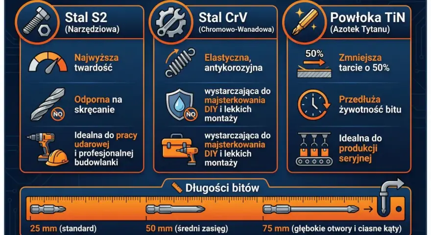 Porównanie materiałów bitów do wkrętarki: stal S2 (najwyższa twardość, odporna na skręcanie), stal CrV (elastyczna, antykorozyjna) i powłoka TiN (zmniejsza tarcie). Długości bitów: 25, 50, 75 mm.