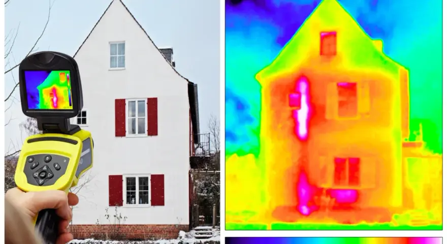 Kamera termowizyjna pokazuje dom, uwidaczniając **mostki termiczne** jako jasne, gorące plamy.