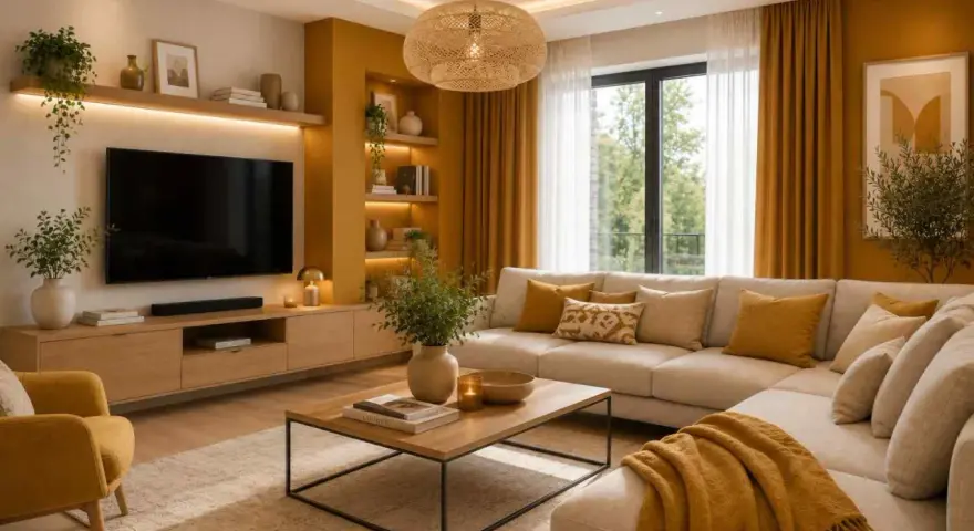 Przytulny salon w odcieniach ochry. Duża, beżowa kanapa z poduszkami w tym samym kolorze, obok żółty fotel. Na ścianie telewizor i półki.
