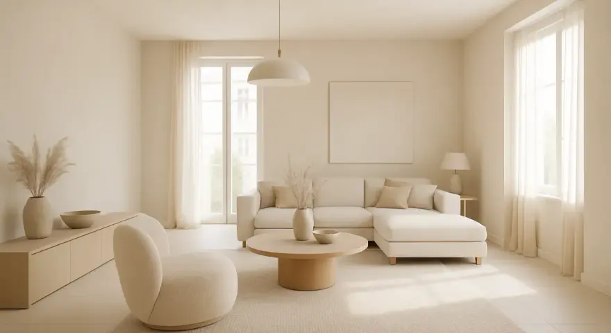 Jasny salon w odcieniach beżowego koloru. Duża, narożna sofa, okrągły stolik kawowy i wygodny fotel tworzą przytulną przestrzeń.