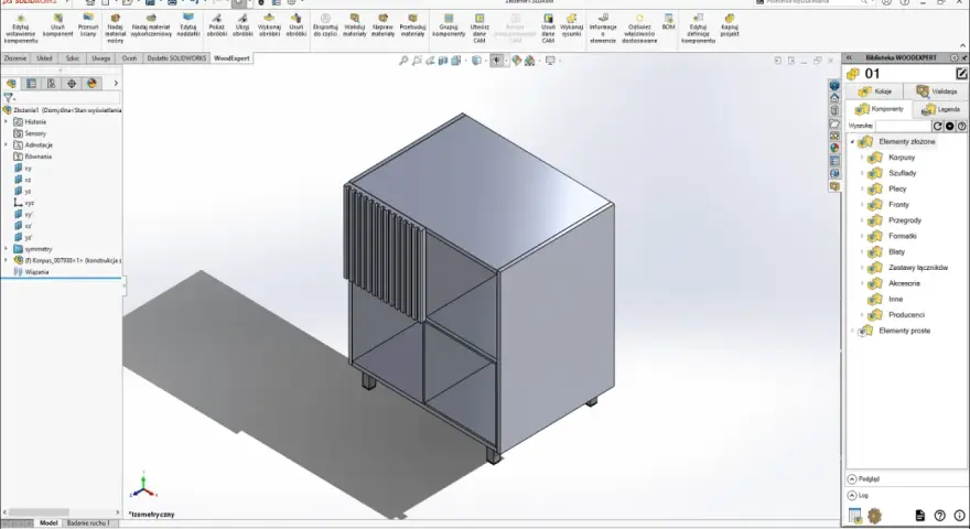 Program do projektowania mebli: wizualizacja szafki z półkami i ozdobnym frontem, stworzona w SolidWorks.