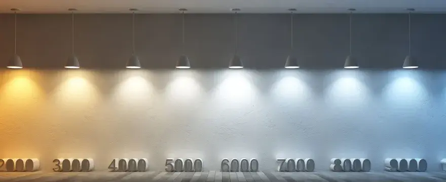 Rząd lamp oświetla ścianę, ukazując pełne spektrum barwy światła od ciepłej żółci do zimnego błękitu, z oznaczeniami temperatur barwowych.