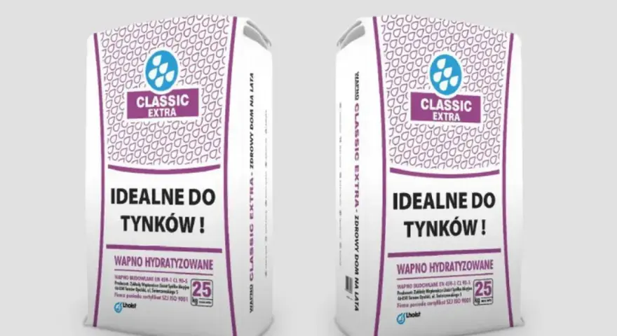 Dwie torby wapna budowlanego Classic Extra z napisem "Idealne do tynków".