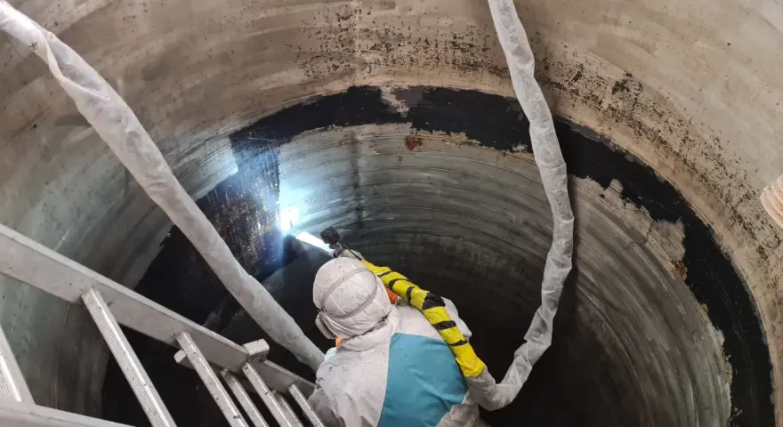 Pracownik w kombinezonie ochronnym wykonuje czyszczenie suchym lodem wnętrza betonowego zbiornika.