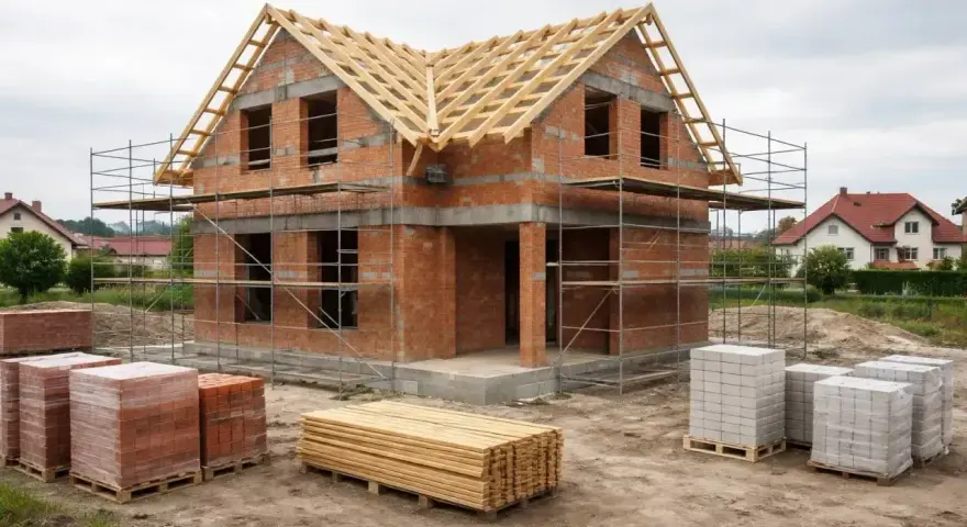 Budowa domu w toku, rusztowania, materiały budowlane. Zastanawiasz się, ile kosztuje projekt domu?