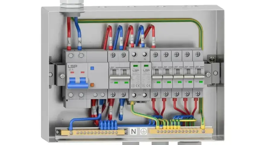 Wnętrze metalowej skrzynki elektrycznej z wyłącznikami i przewodami. Widoczny kontakt natynkowy z bezpiecznikami i listwą zaciskową.
