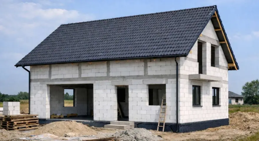 Budowa domu ze styropianu w stanie surowym. Białe bloczki, szary dach, okna i drzwi czekają na wykończenie.