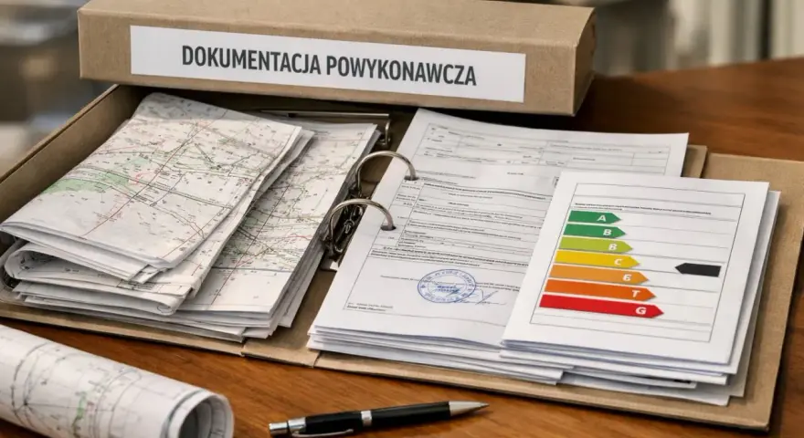 Teczka z napisem "Dokumentacja powykonawcza" zawiera mapy, dokumenty i wykres klasyfikacji energetycznej.