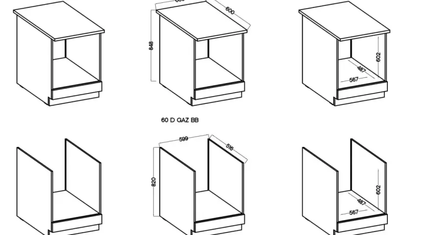 Wymiary szafki pod piekarnik: 600x848 mm (góra) i 599x820 mm (dół). Wymiary wewnętrzne 487x567 mm.