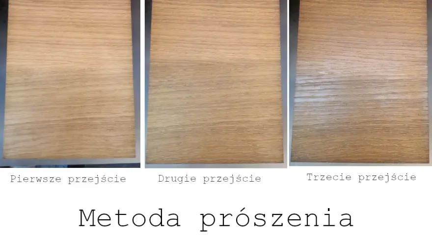 Trzy próbki drewna po kolejnych etapach szlifowania. Widać różnicę w strukturze i kolorze po każdym przejściu.