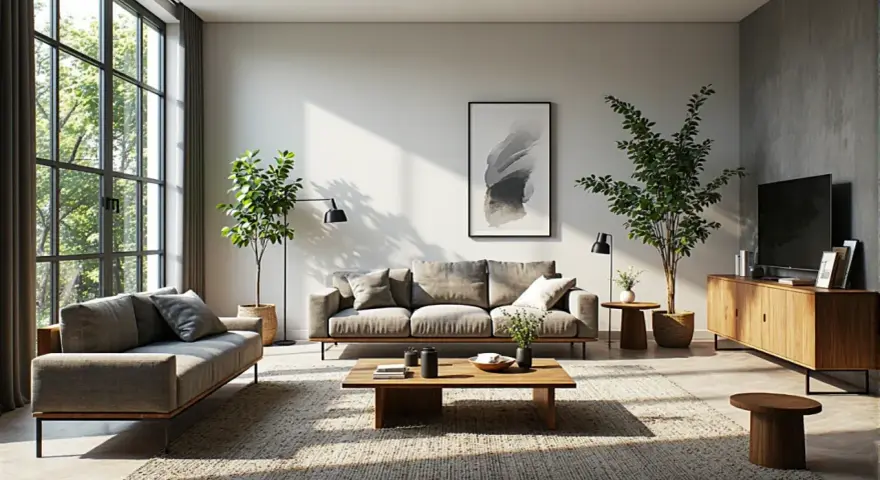 Nowoczesny salon z szarymi sofami, drewnianym stolikiem i dywanem. Inspiracja dla miłośników **upcyklingu** i ekologicznego designu.