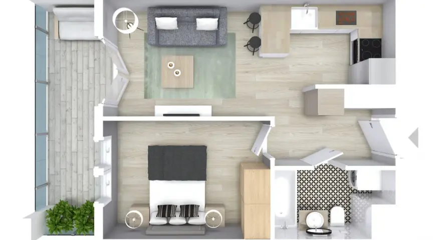 Nowoczesny projekt mieszkania: salon z sofą, kuchnia z wyspą, sypialnia z łóżkiem, łazienka z wanną i pralką, balkon z roślinami.