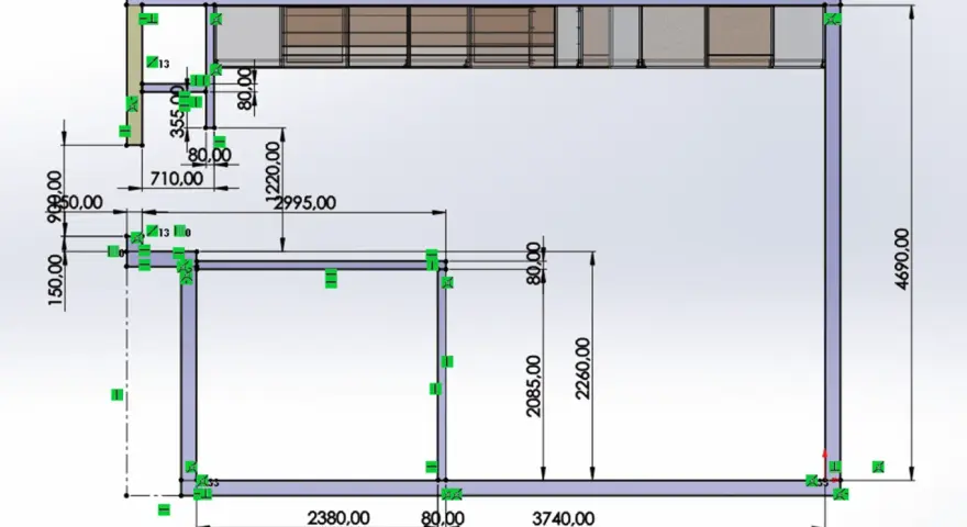 Projekt kuchni z wymiarami szafek. Widoczne linie pomocnicze i oznaczenia wymiarów w milimetrach, np. 4690,00 mm.