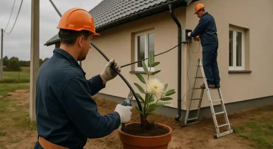 Pracownicy montują przyłącze prądu do domu. Dowiedz się, ile kosztuje przyłącze prądu.