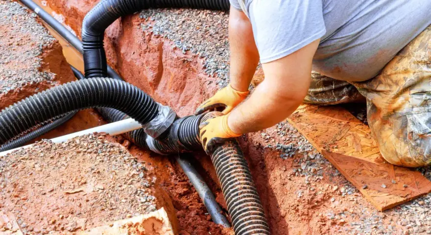 Instalator łączy rury odprowadzające wodę do budowanej studni chłonnej.