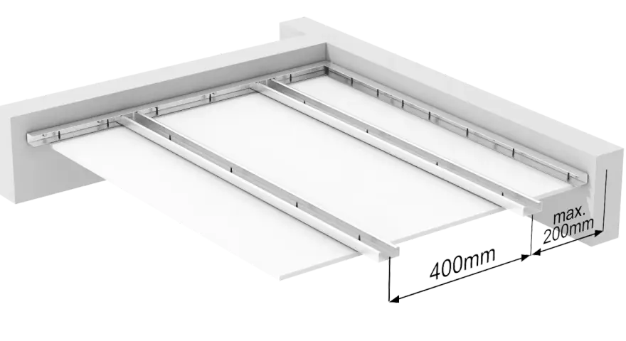 Konstrukcja sufitu podwieszanego z płyt gipsowo-kartonowych. Widoczny stelaż metalowy, płyty i wymiary: 400mm i max. 200mm.