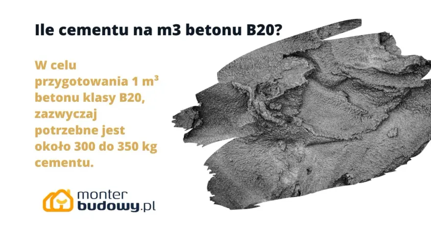Ile cementu na m3 betonu B20? Potrzeba ok. 300-350 kg cementu na 1 m³ betonu B20.