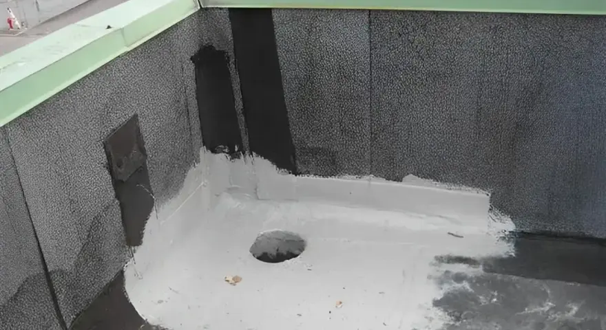 Fragment dachu z widocznym odpływem i nową warstwą hydroizolacji z **elastomeru**.