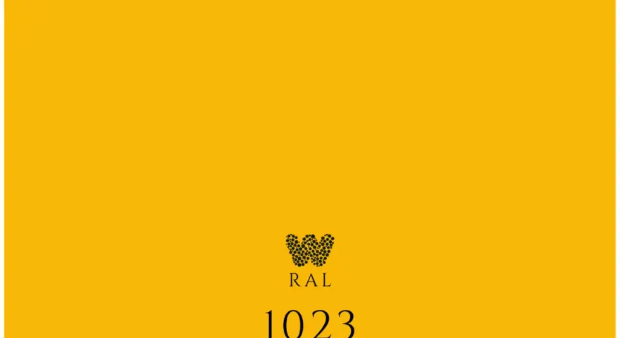Jasnożółte tło z zaokrąglonymi rogami. Na środku logo z napisem "RAL" i cyframi "1023". Kolor RAL 1023.