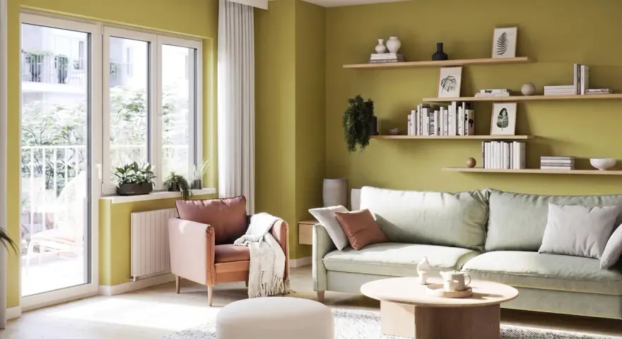Jasny, limonkowy kolor ścian tworzy przytulną atmosferę w salonie z pastelową sofą i fotelem.