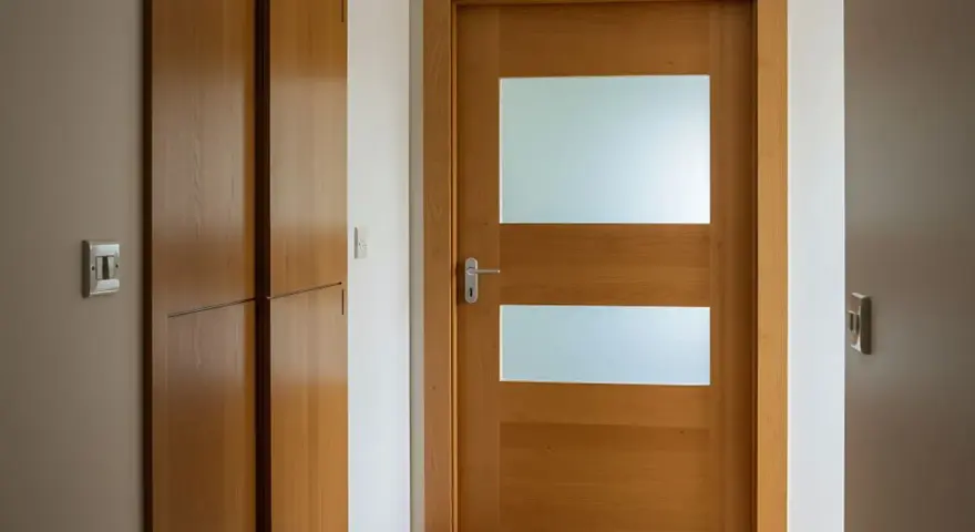 Drewniane drzwi z dwoma przeszkleniami i metalową klamką.