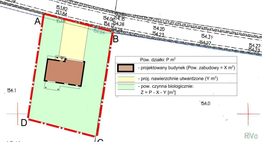 Plan sytuacyjny z zaznaczonym projektowanym budynkiem i nawierzchniami, stanowiący część wniosku o warunki zabudowy.