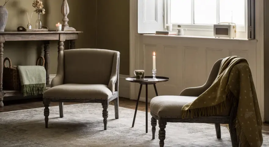 Przytulny salon w stylu angielskim. Dwa fotele, stolik z zapaloną świecą, kosz z pledem i stylowy mebel pod oknem.