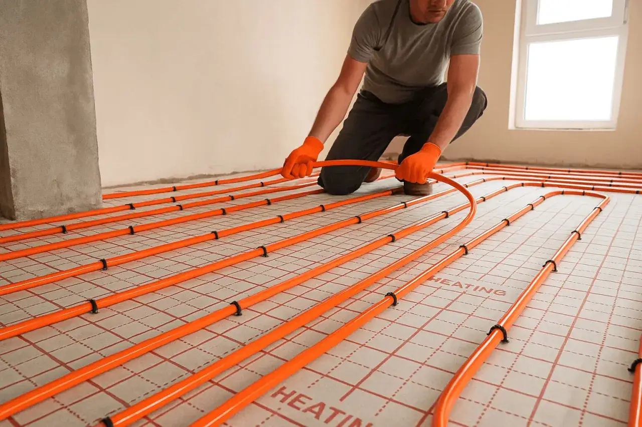 Instalator układa pomarańczowe rury systemu ogrzewania podłogowego. To kluczowy etap prac, by wybrać odpowiednie panele na ogrzewanie podłogowe.
