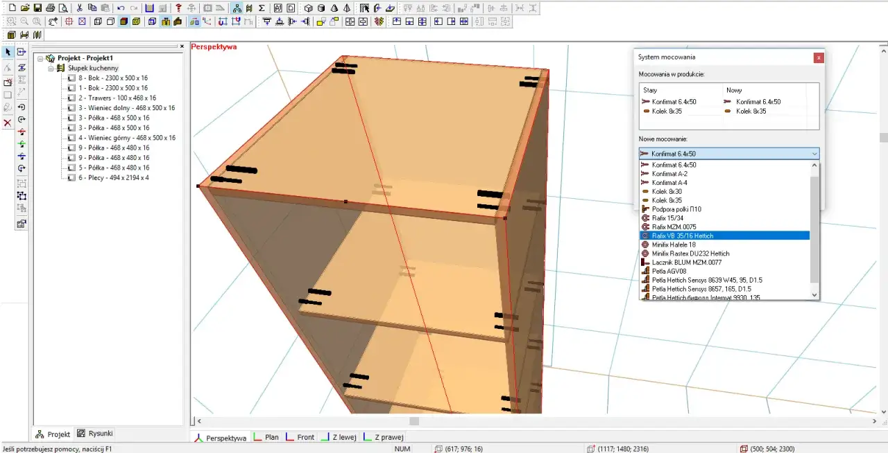 Program do projektowania mebli. Widok 3D szafki kuchennej z menu wyboru mocowań, np. Konfirmat 6.4x50.