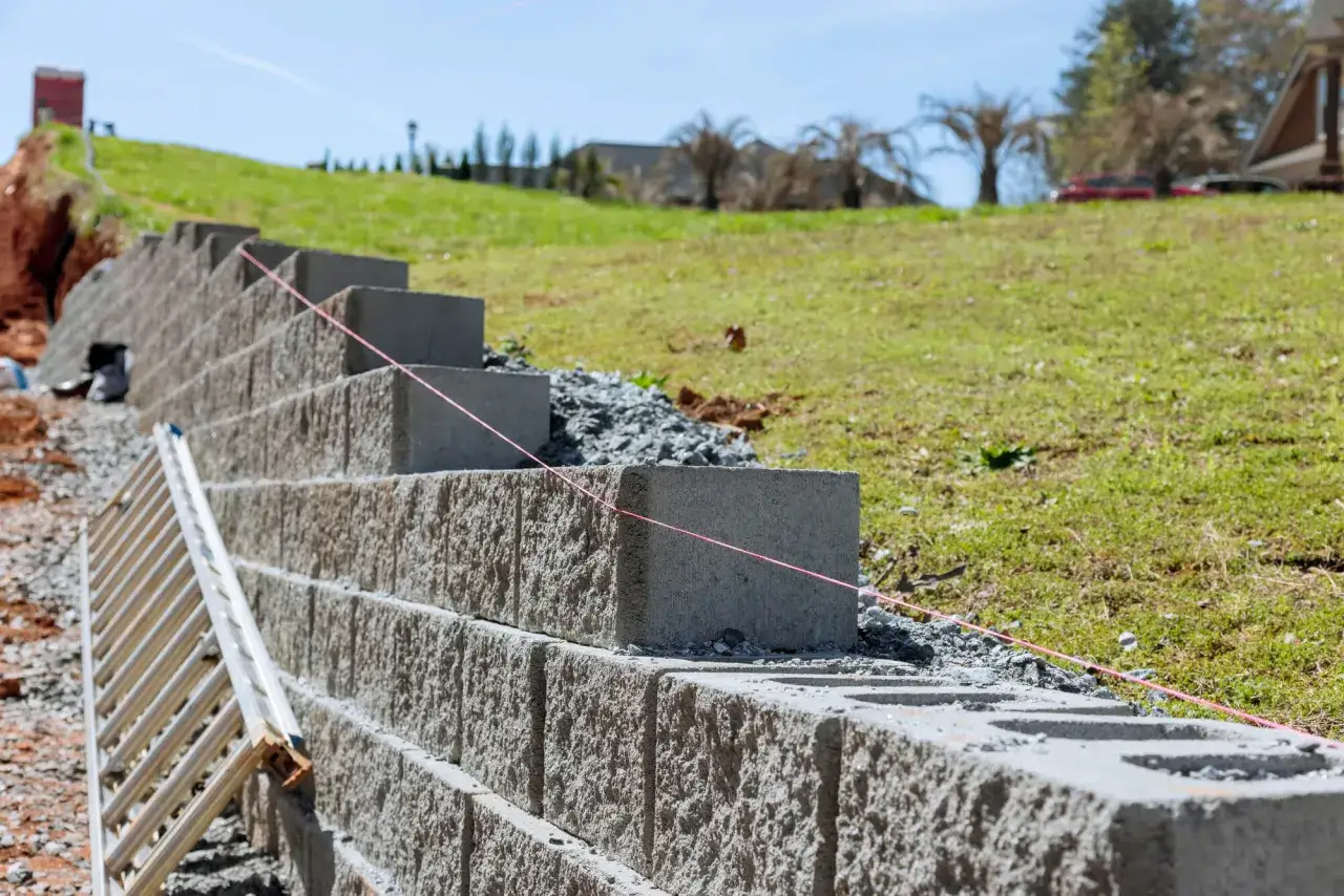Budowa taniego murku oporowego z bloczków betonowych. Widać drabinę i różową nić traserską.