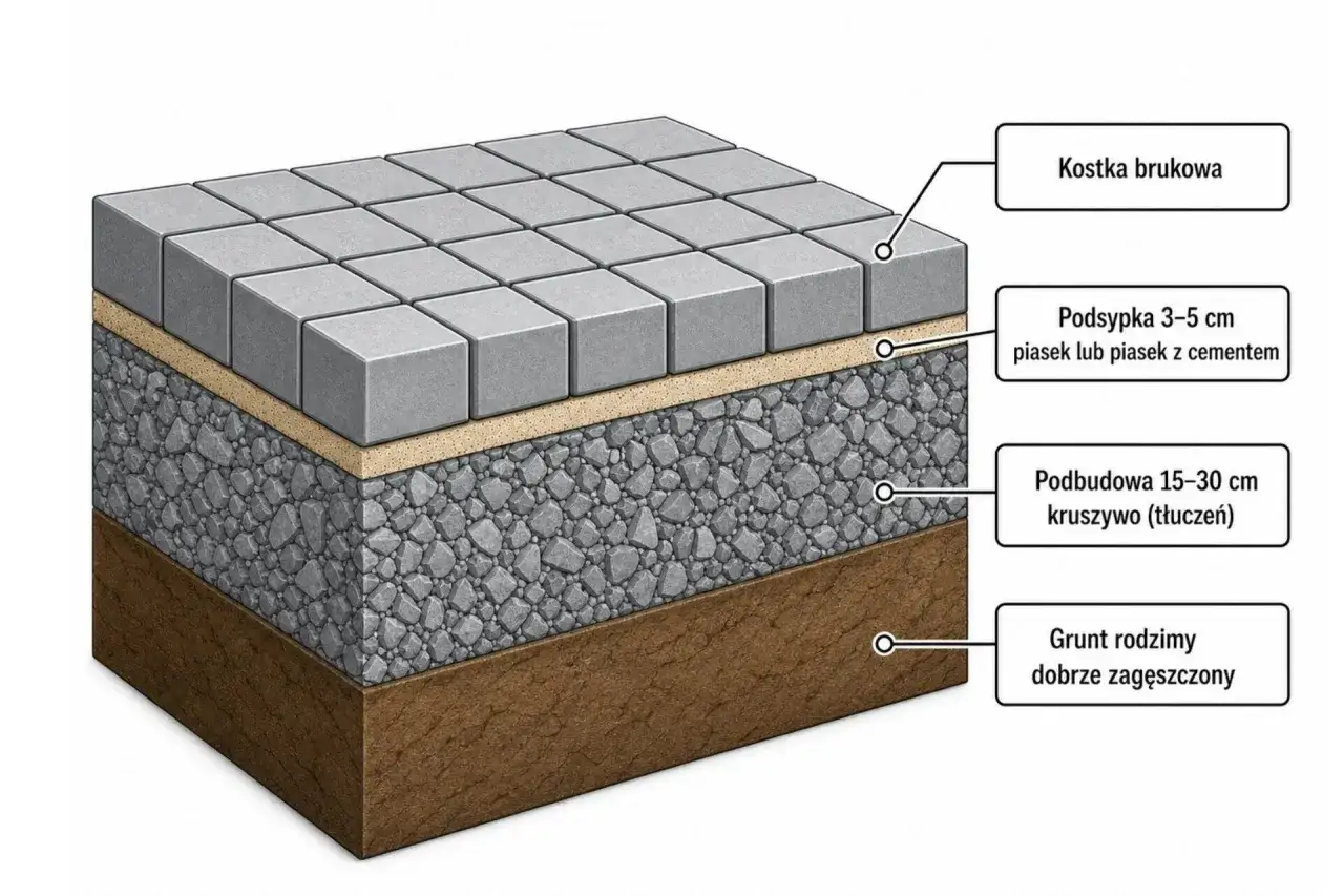 Schemat układania kostki brukowej: warstwa podsypki 3-5 cm piasku lub piasku z cementem na m2, podbudowa 15-30 cm kruszywa, zagęszczony grunt rodzimy.