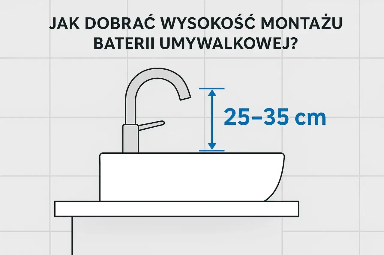 Ilustracja pokazuje umywalkę nablatową z baterią. Wskazana jest optymalna wysokość umywalki nablatowej: 25-35 cm.