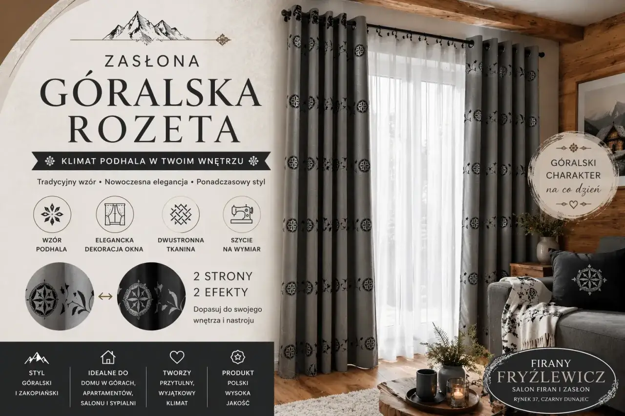 Szara zasłona z motywem rozety w stylu góralskim, idealna do stworzenia przytulnego klimatu.