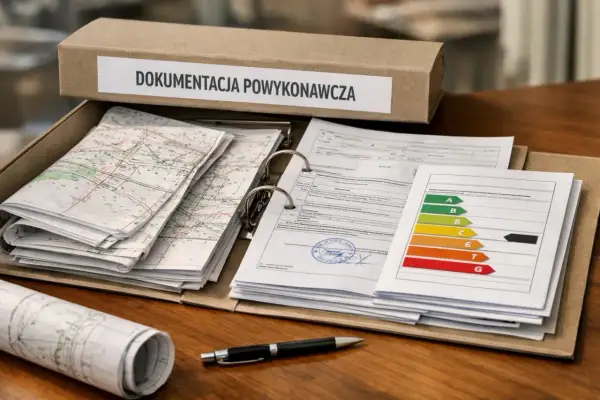 Teczka z napisem "Dokumentacja powykonawcza" zawiera mapy, dokumenty i wykres klasyfikacji energetycznej.