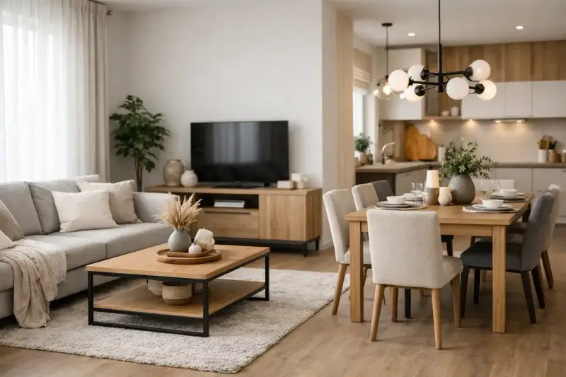 Nowoczesny salon z szarą kanapą i drewnianym stolikiem kawowym. Obok jadalnia z drewnianym stołem i krzesłami. Inspiracja, jak urządzić salon.