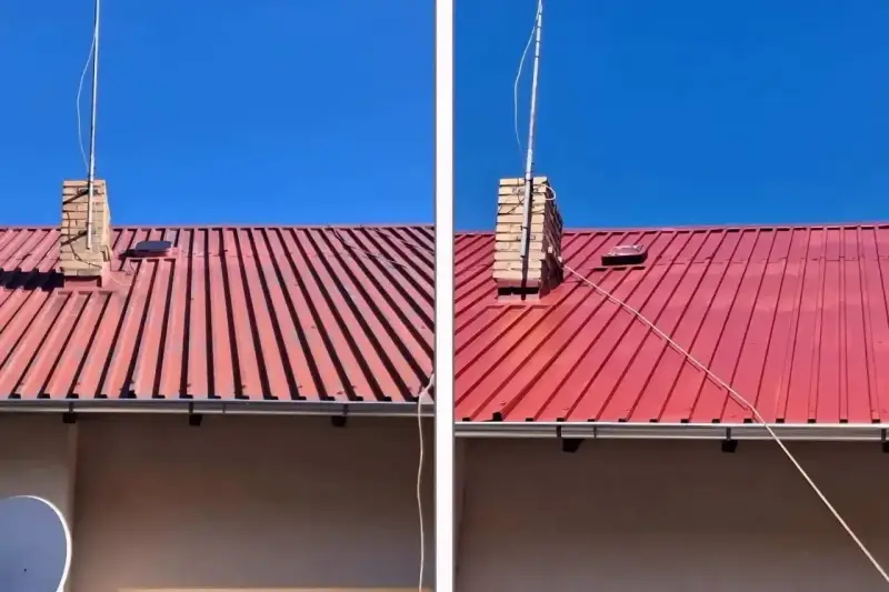 Przed i po myciu dachu. Czerwony dach z kominem, czyste i lśniące pokrycie. Sprawdź mycie dachu cena za m2.