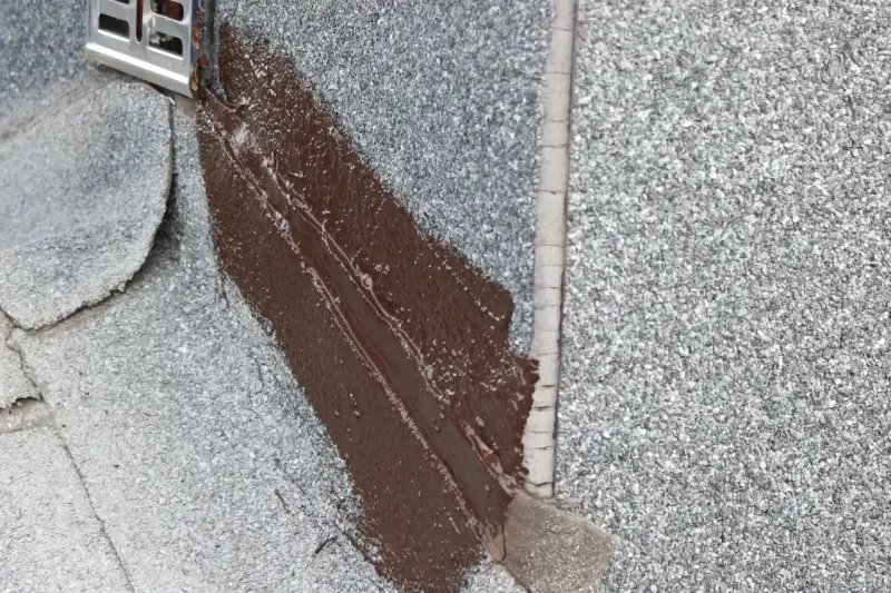 Fragment dachu pokryty papą z posypką, gdzie świeżo nałożona brązowa masa bitumiczna uszczelnia połączenie z metalowym elementem.