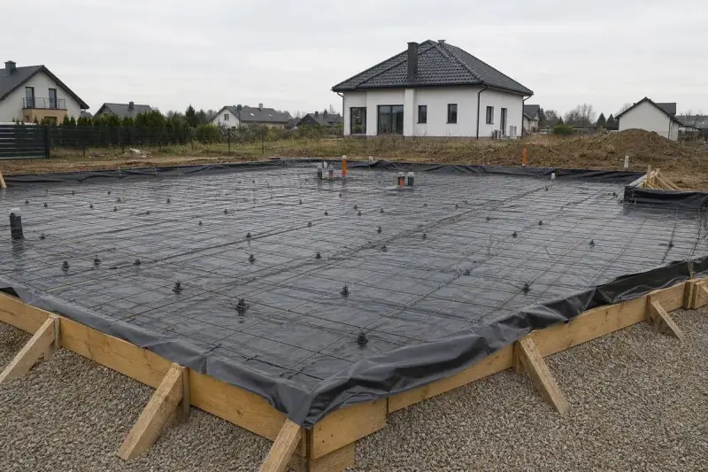 Fundament budowy domu z zbrojeniem i folią fundamentową, gotowy do zalania betonem. W tle widać domy mieszkalne.